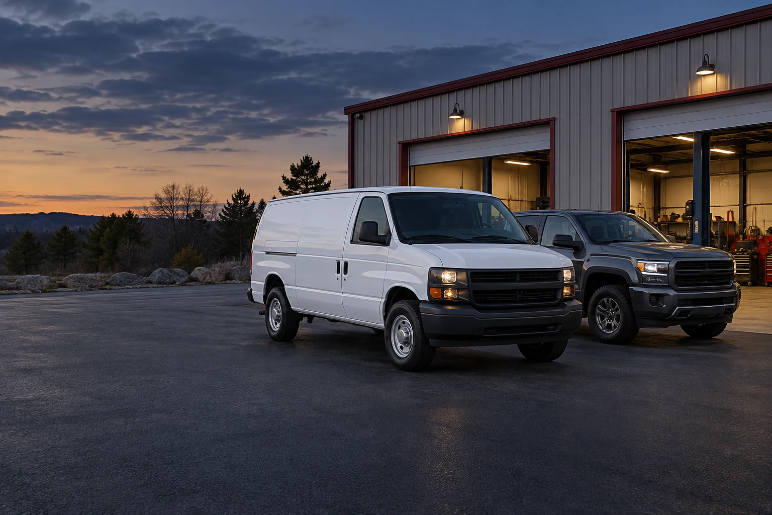 A work van and pickup outside a service bay